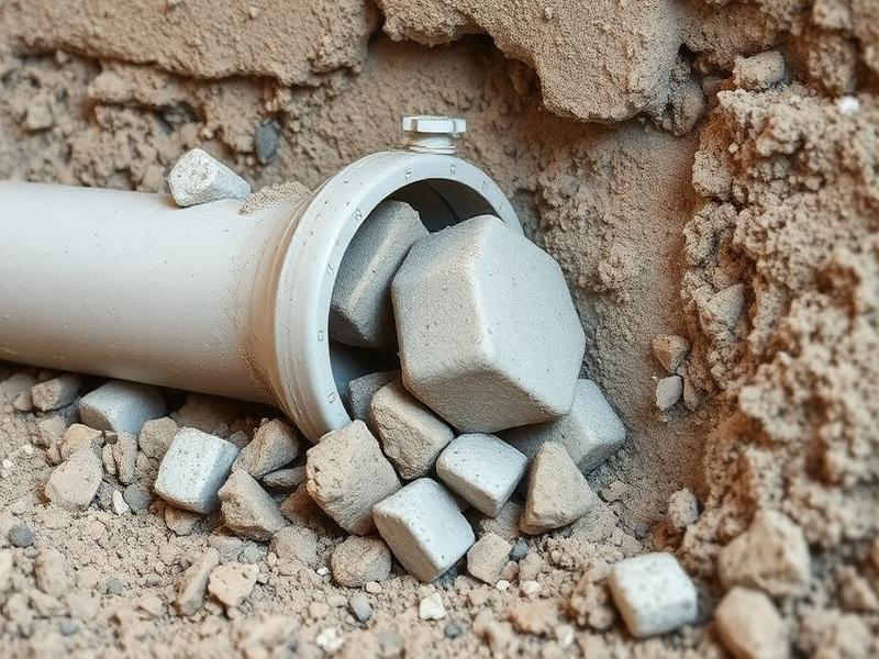 Gravats et débris de construction obstruant une canalisation PVC après travaux