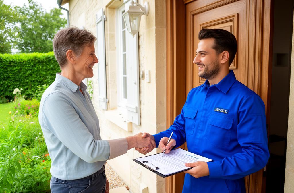 Technicien et propriétaire signant un contrat d'entretien assainissement devant une maison