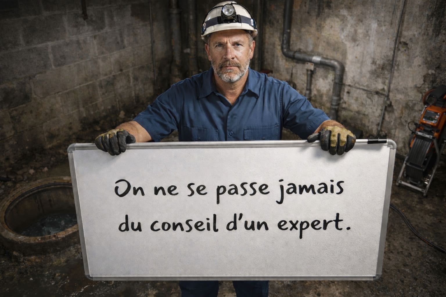 Expert en assainissement tenant un panneau : On ne se passe jamais du conseil d'un expert