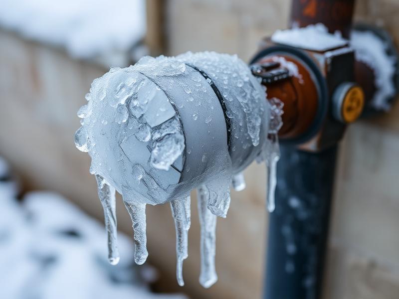 Canalisation extérieure gelée avec givre et glace en hiver