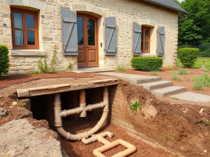 Canalisations anciennes en fonte corrodée dans le sous-sol d'une maison