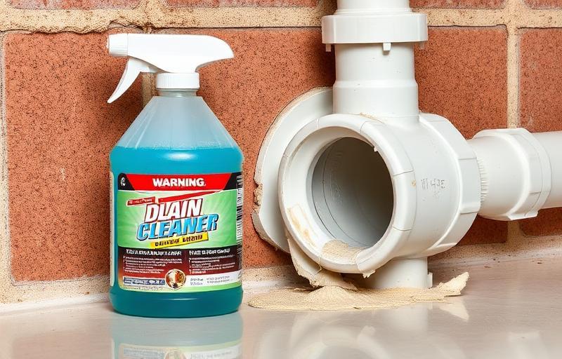 Produit déboucheur chimique à côté d'un tuyau PVC endommagé