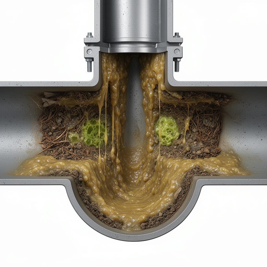 Canalisation encrassée avec dépôts de graisse et biofilm accumulés