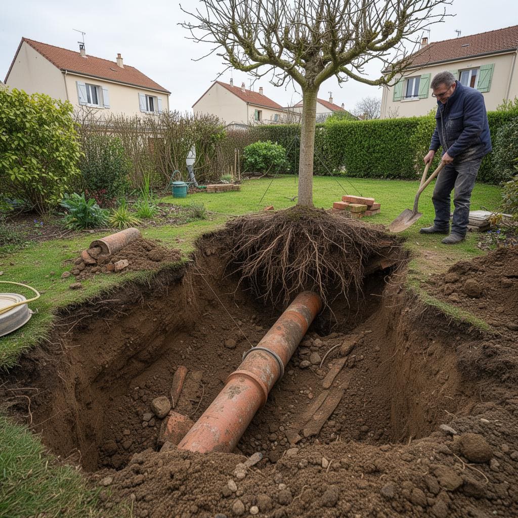 Racines infiltrées canalisation jardin Essonne